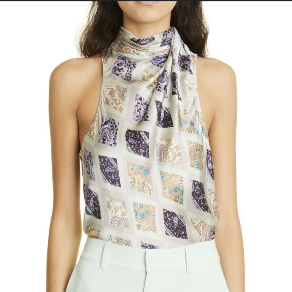 Cinq à Sept Adalynn Print Sleeveless Turtleneck in Celadon Multi- size Large